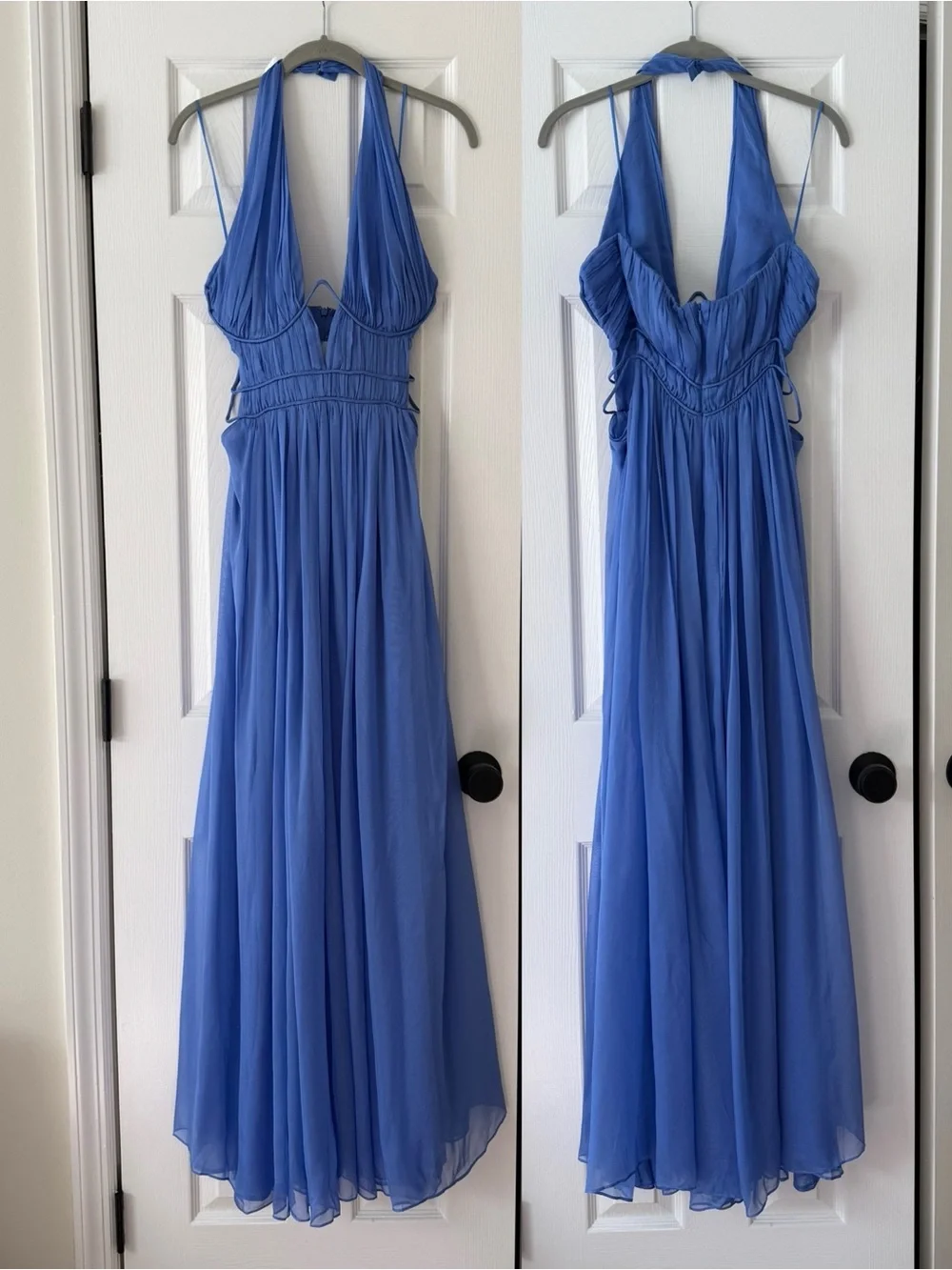 Cult Gaia Aashvi Plunging Halter Neck Silk Gown Capri Blue NEW with tags - Picture 3 of 8